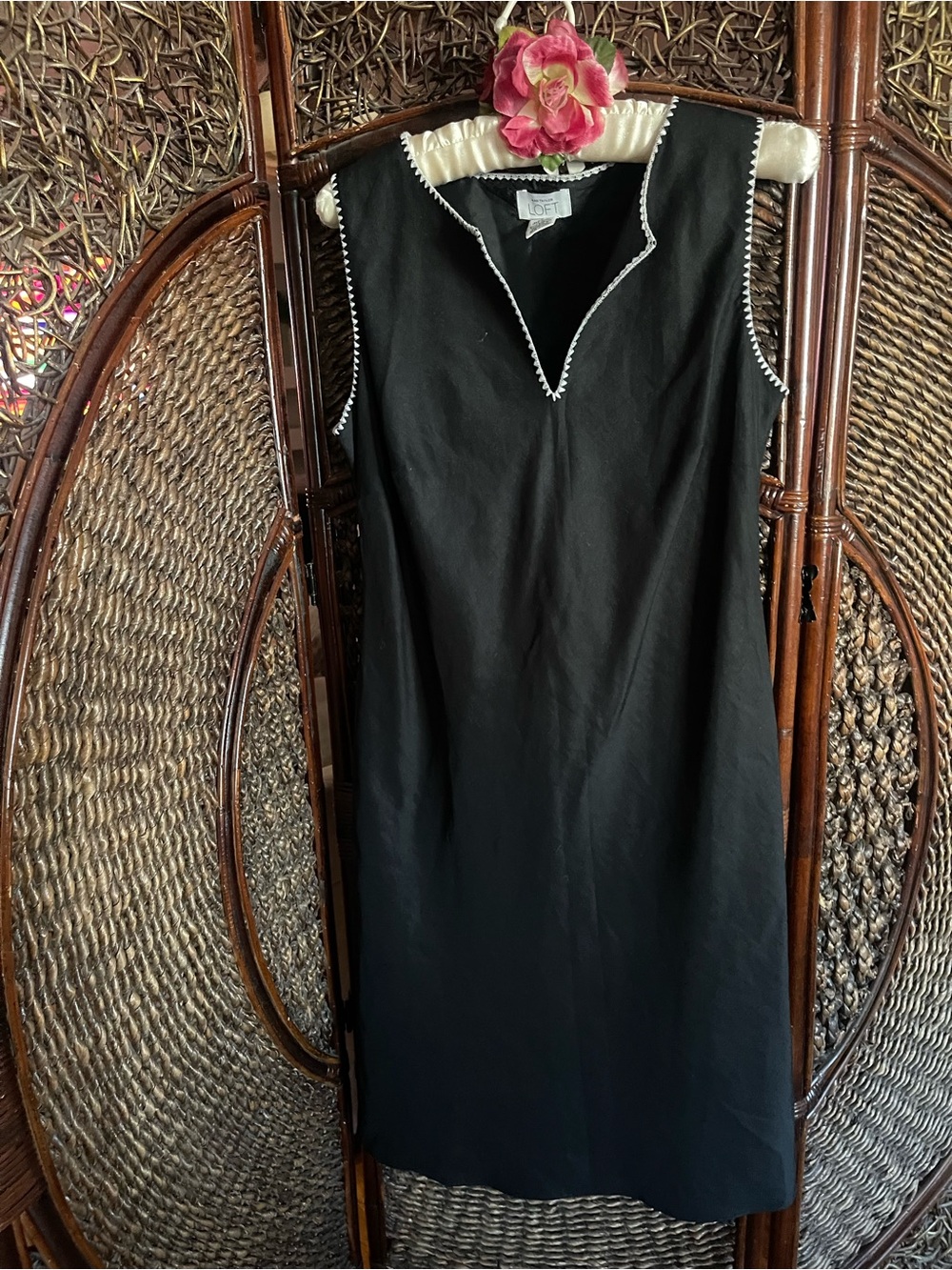 LOFT Black Sleeveless Shift Dress with White Trim